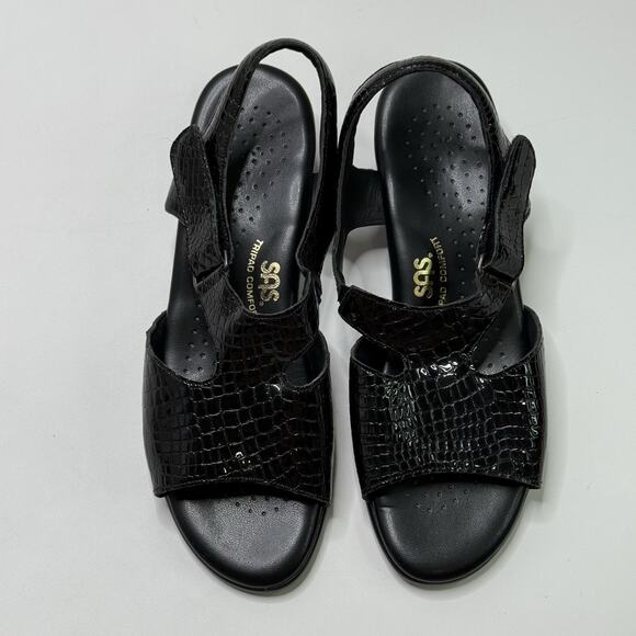 SAS Womens Suntimer Sandals Sz 9 M Black Crocodile Print Leather Hook/Loop USA - Picture 5 of 10